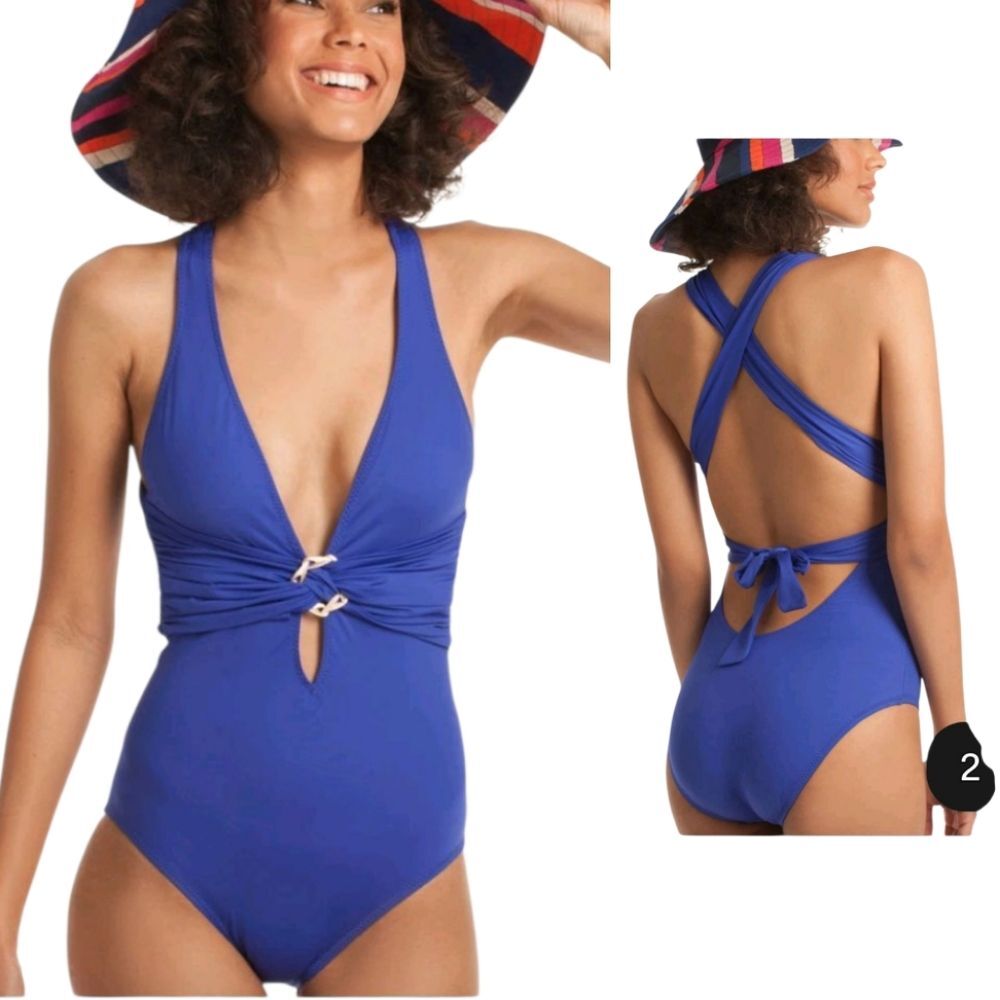 Trina Turk Swimsuit 10 Blue Plunge One Piece Cross Back Gold Hardware Luxe